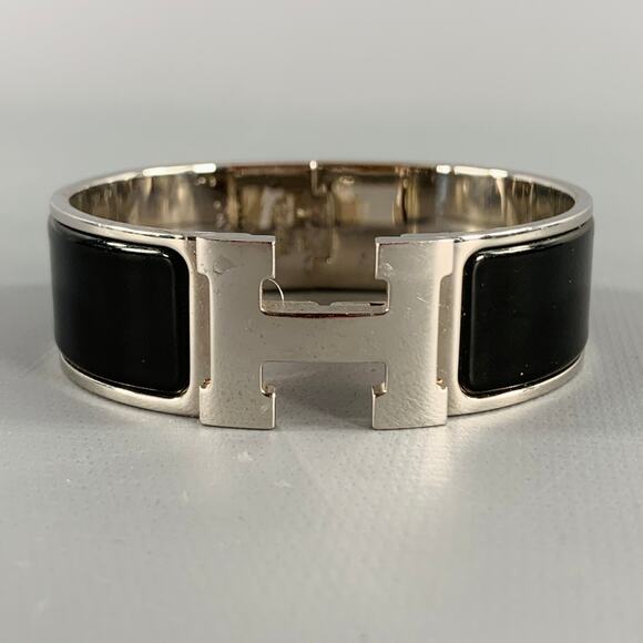 HERMES Clic Clac H Silver Black Monogram Enamel Metal Toggle Closure Bracelet - Picture 1 of 4